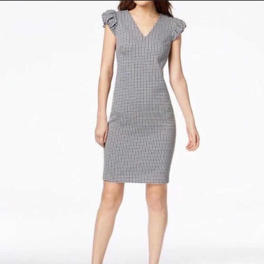 Calvin Klein Sheath Dress Size 10 Gingham Puff Sleeve Easter Spring Navy Black
